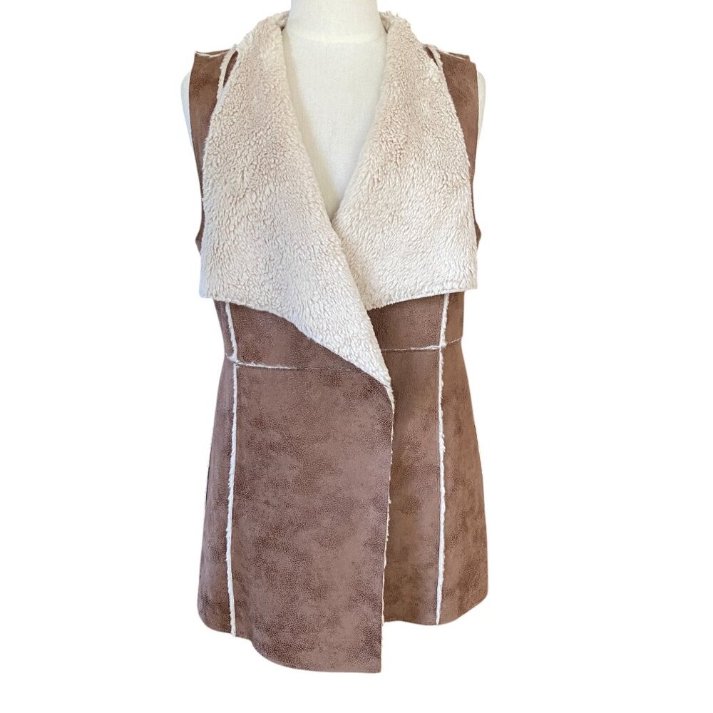 Knox Rose Pebbled Faux Leather Sherpa Vest Brown Open Front Draped Collar Boho-M